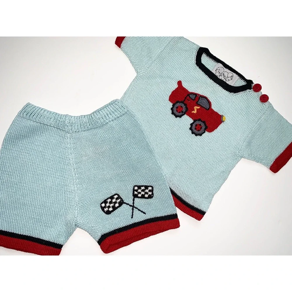 Zackali 4 Kids Car Baby Boy Blue‎ Knit Shirt and Shorts Set made in Armenia